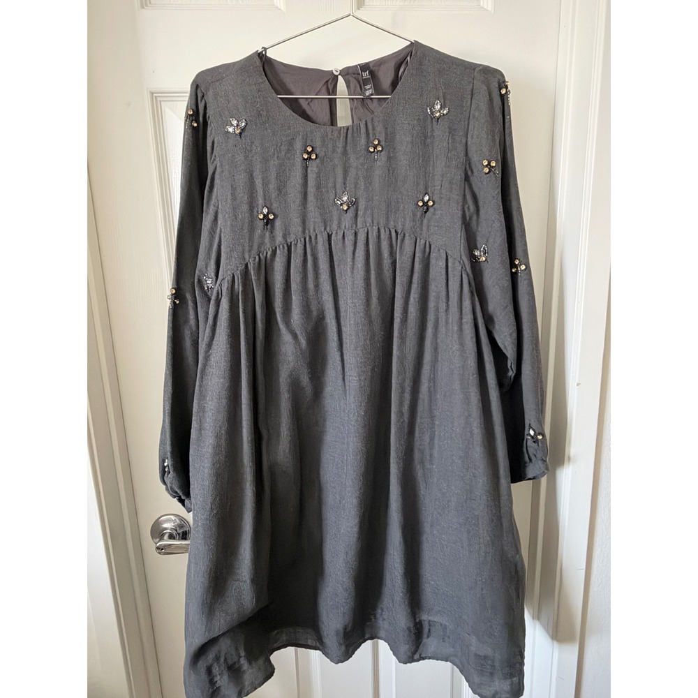Zara TRF Grey Embellished Babydoll Mini Dress Long Sleeve XXL